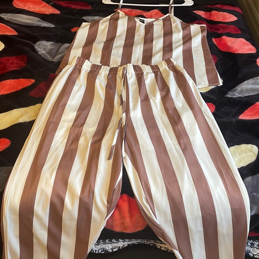 Shein satin striped cami pant 2 piece set